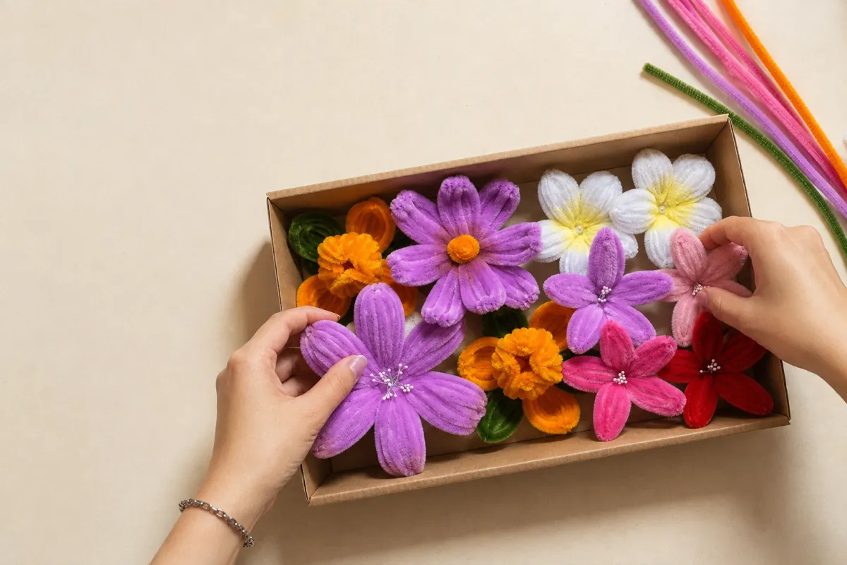 Hands shaping a chenille flower petal