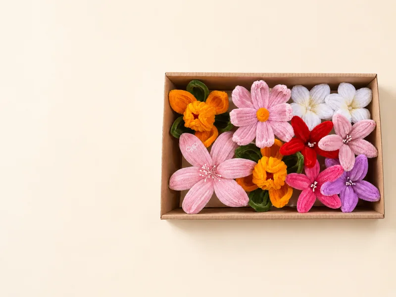 Finished handmade chenille blooms laid out in a kraft gift box